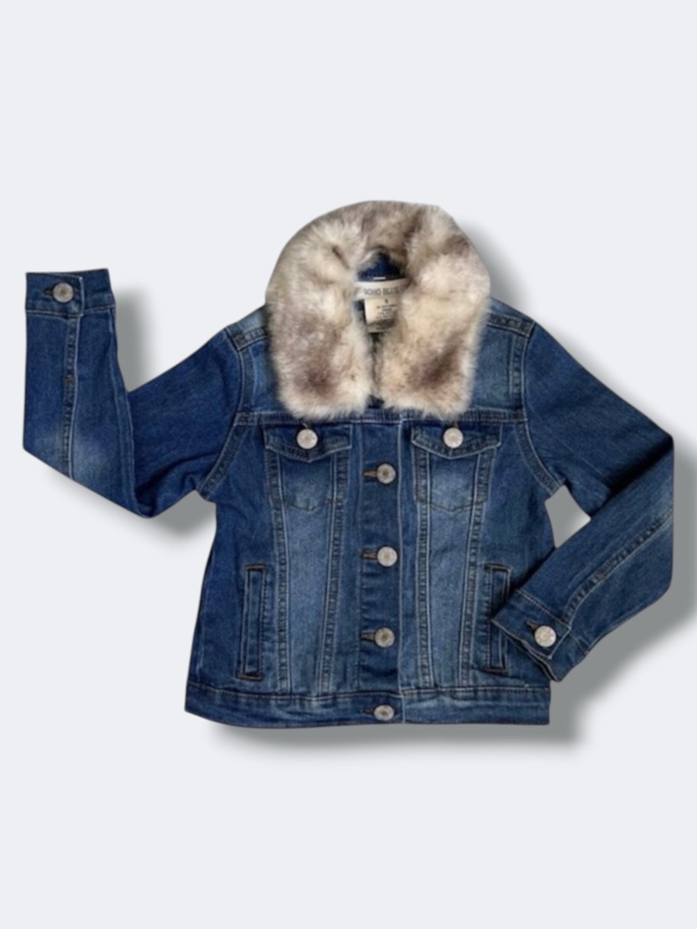 Soho Blue Girls Denim Jacket 5 Blue Button Front Removable Faux Fur Collar Fall